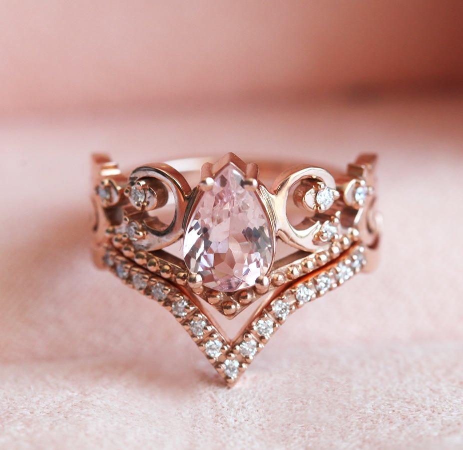 White Pear Morganite Vintage Ring Set Resembling A Diadem with Round White Diamonds on the Side