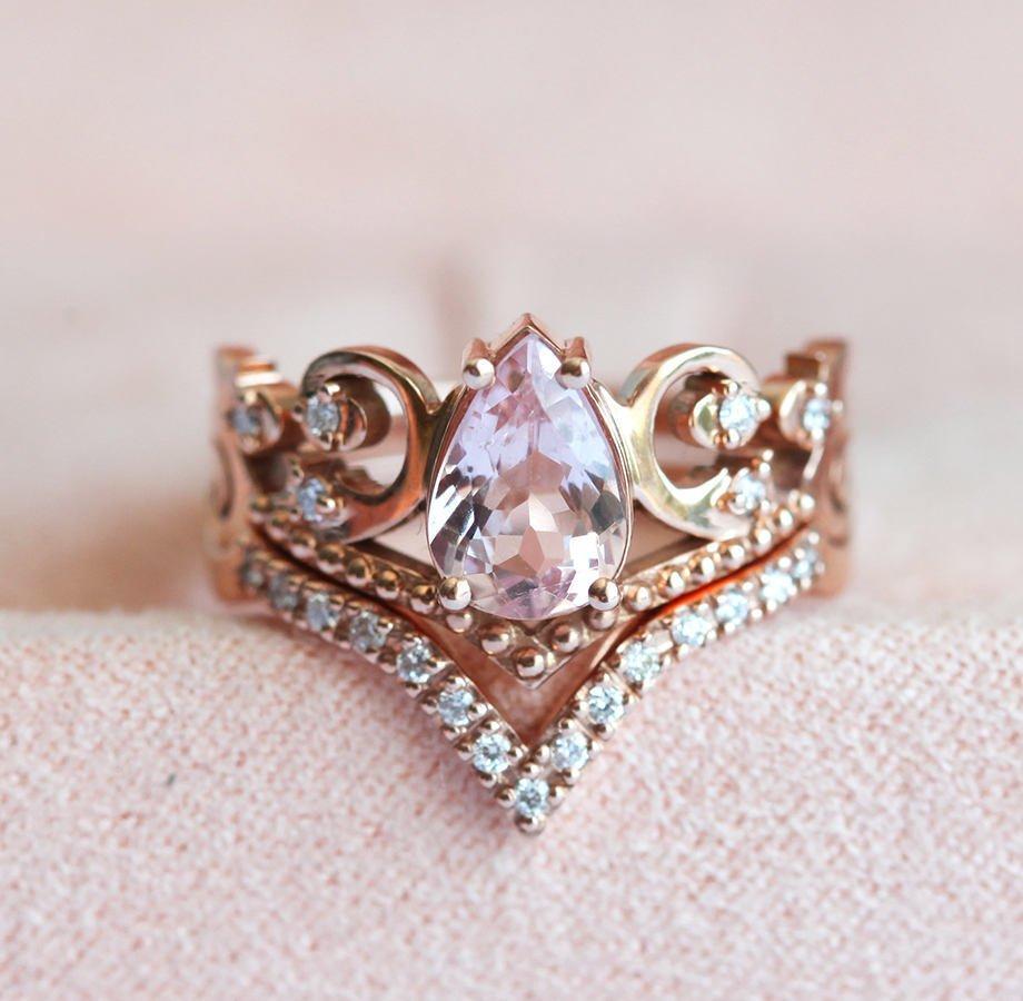 White Pear Morganite Vintage Ring Set Resembling A Diadem with Round White Diamonds on the Side