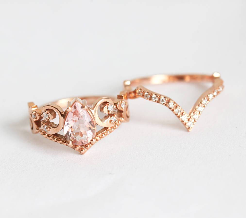 White Pear Morganite Vintage Ring Set Resembling A Diadem with Round White Diamonds on the Side