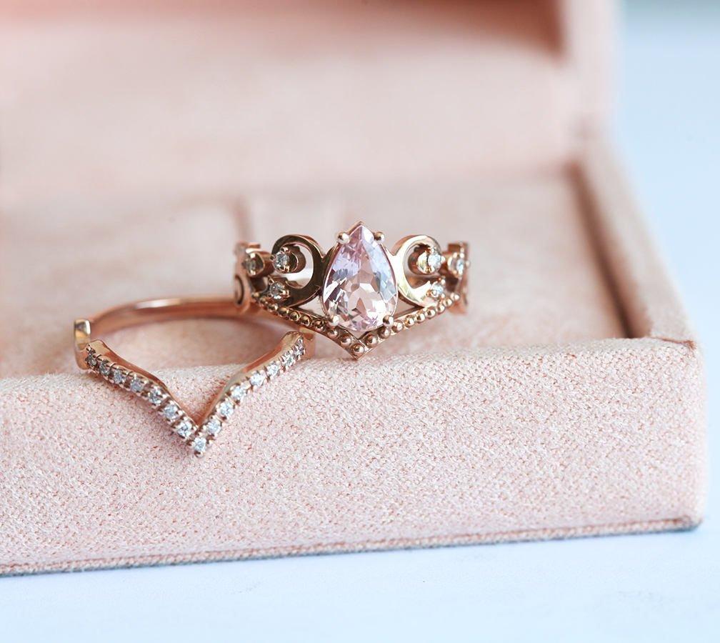 White Pear Morganite Vintage Ring Set Resembling A Diadem with Round White Diamonds on the Side