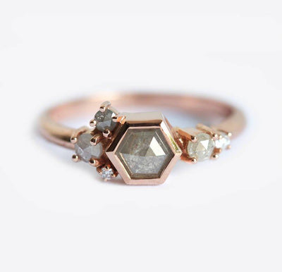 Gray Hexagon Salt & Pepper Diamond Ring with Cluster Style Band