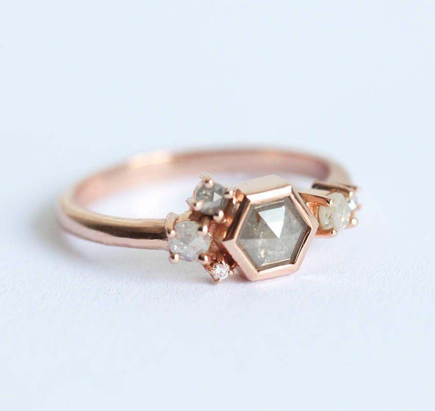 Gray Hexagon Salt & Pepper Diamond Ring with Cluster Style Band