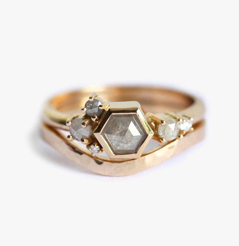 Gray Hexagon Salt & Pepper Diamond Ring with Cluster Style Band