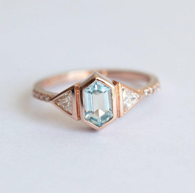 Modern Hexagon Aquamarine Ring with 2 Accent Triangle-Cut White Diamonds and Pave Diamonds