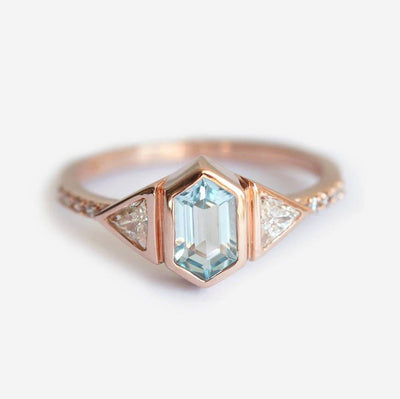 Modern Hexagon Aquamarine Ring with 2 Accent Triangle-Cut White Diamonds and Pave Diamonds