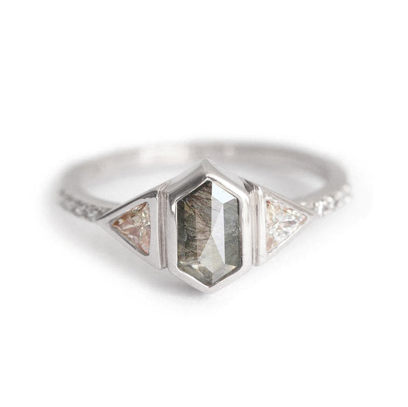 Hexagon Salt & Pepper Diamond Ring with 2 Side Triangle White Diamonds and Pave Diamonds on the Band