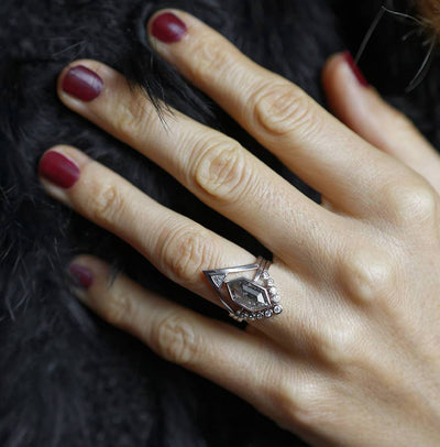 Hexagon Salt & Pepper Diamond Ring Set with Side Round White Diamonds and One Trillion-Cut Diamond