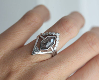 Hexagon Salt & Pepper Diamond Ring Set with Side Round White Diamonds and One Trillion-Cut Diamond