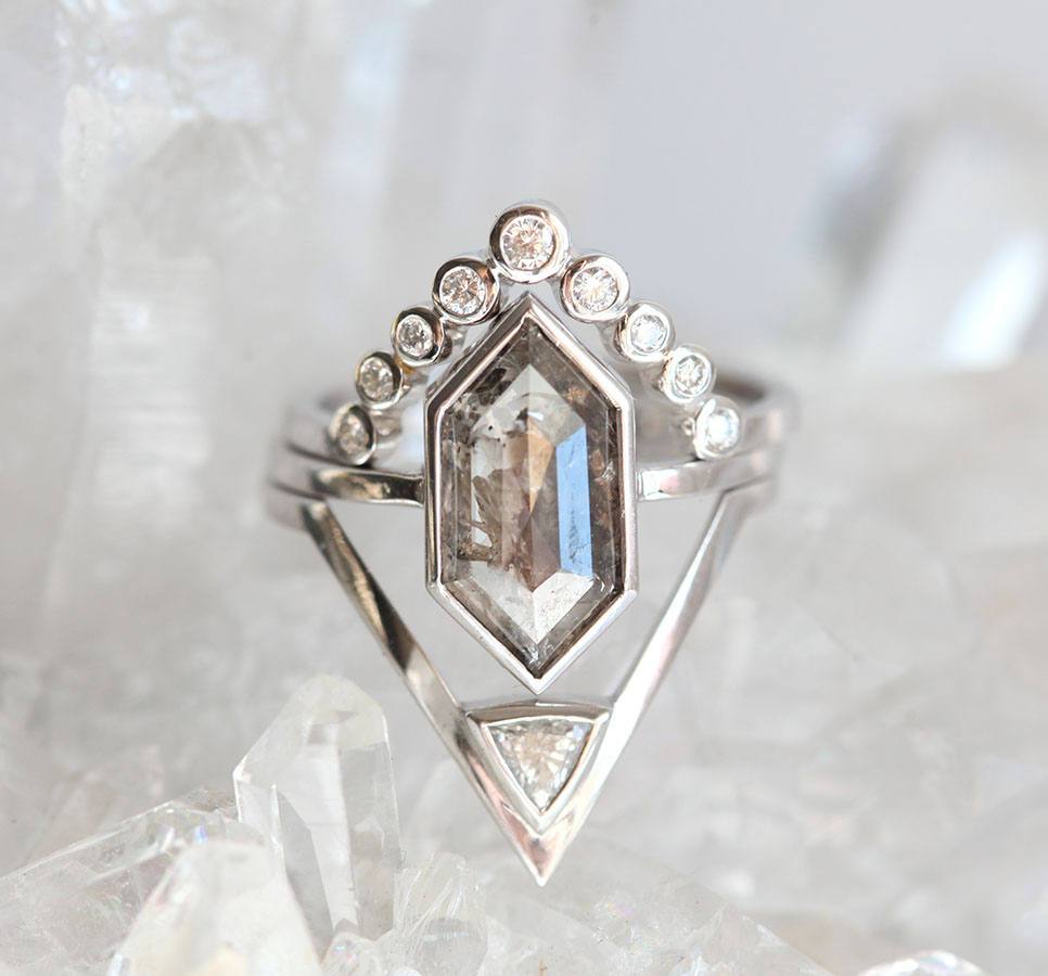Hexagon Salt & Pepper Diamond Ring Set with Side Round White Diamonds and One Trillion-Cut Diamond
