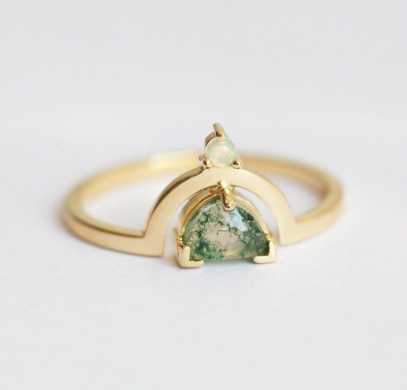 Half Moon Moss Agate Ring with One Australian Opal Stone on Top