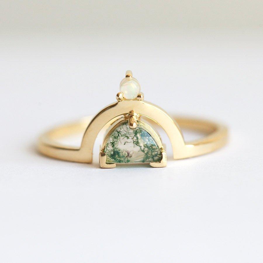 Half Moon Moss Agate Ring with One Australian Opal Stone on Top