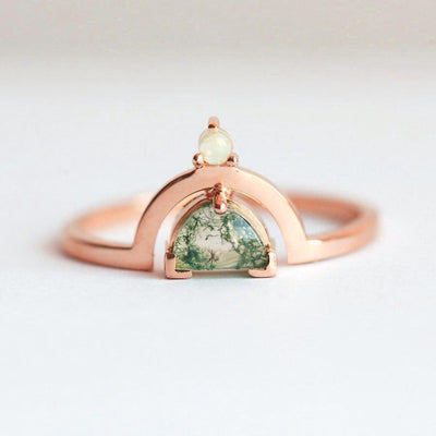 Half Moon Moss Agate, Rose Gold Ring with One Australian Opal Stone on Top