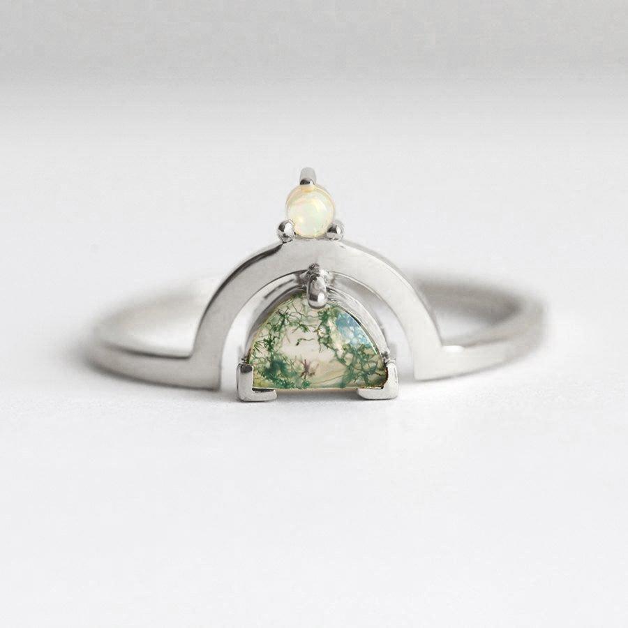 Half Moon Moss Agate, Platinum Ring with One Australian Opal Stone on Top