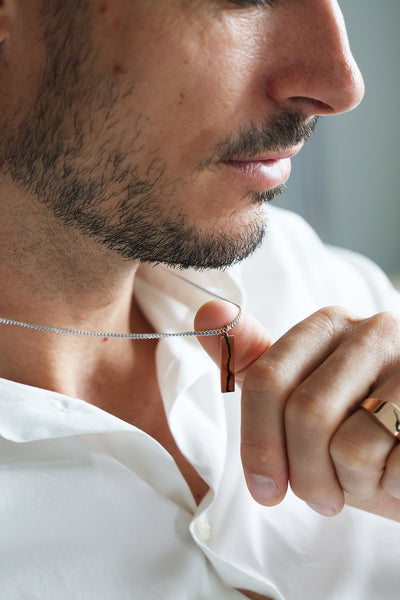 Gold Chain Necklace with a unique design and inlay gemstone on a male model