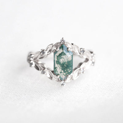 Vintage Style Hexagon Moss Agate, Platinum Ring with Salt & Pepper Diamonds on the side