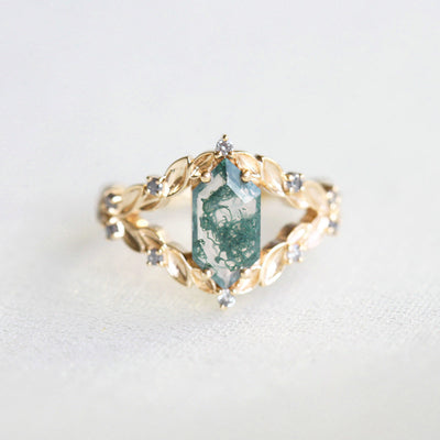 Vintage Style Hexagon Moss Agate, Yellow Gold Ring with Salt & Pepper Diamonds on the side
