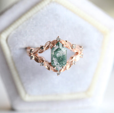 Vintage Style Hexagon Moss Agate Ring with Salt & Pepper Diamonds on the side