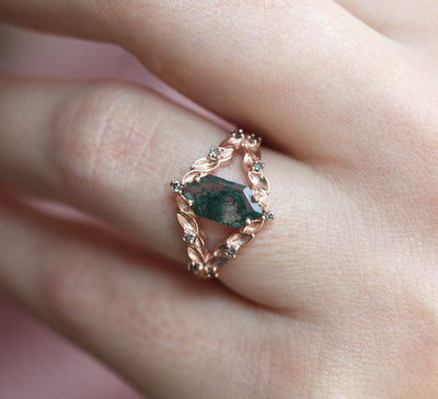 Vintage Style Hexagon Moss Agate Ring with Salt & Pepper Diamonds on the side