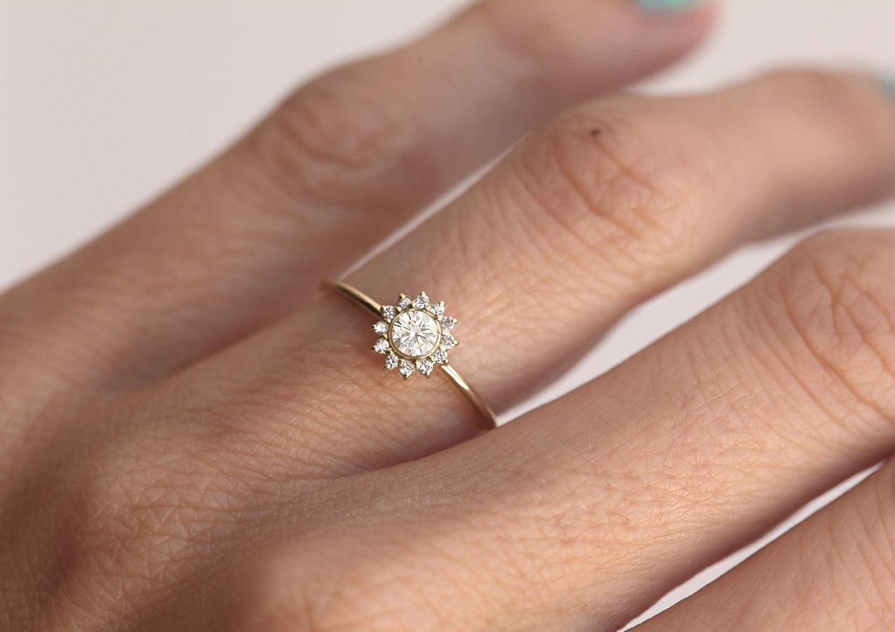 Round diamond ring with sapphire halo