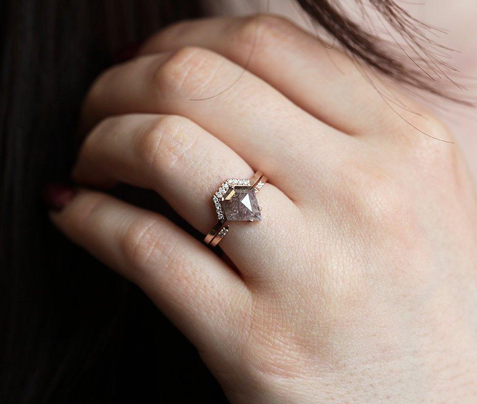 Gray Shield Salt & Pepper Diamond Ring Set with Side Round White Diamonds