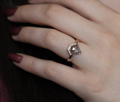 Gray Shield Salt & Pepper Diamond Ring Set with Side Round White Diamonds