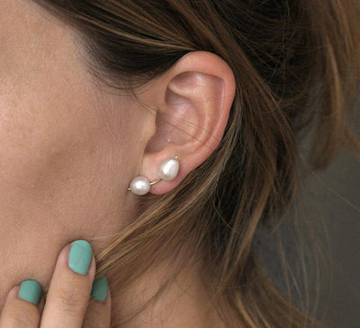 White pearl stud gold earrings
