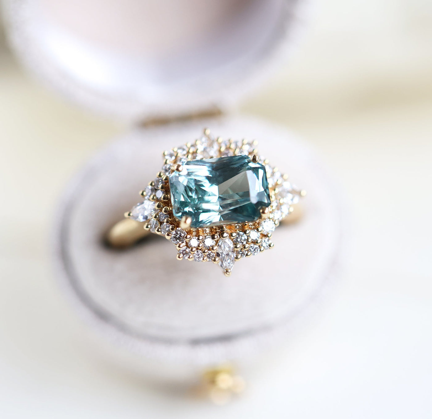 Mint sapphire diamond ring with halo diamonds