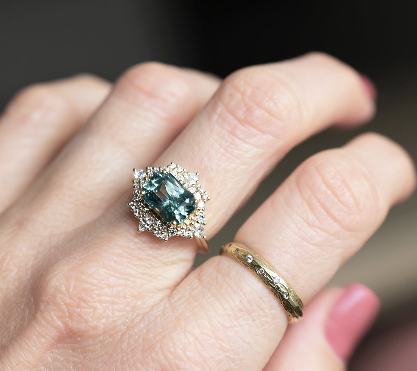 Mint sapphire diamond ring with halo diamonds