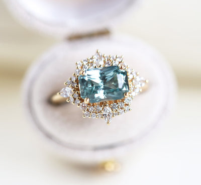 Mint sapphire diamond ring with halo diamonds