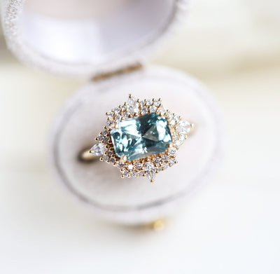 Mint sapphire diamond ring with halo diamonds