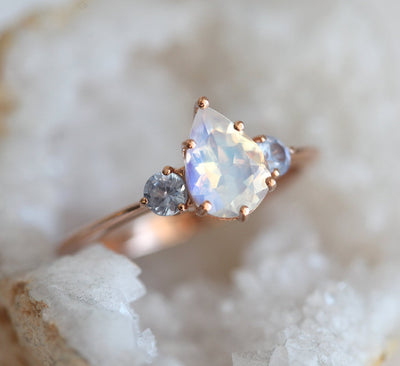 Pear Moissanite Ring with 2 Side Round Diamonds