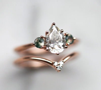 Misella Pear Moissanite Ring With Side Moss Agate-Capucinne