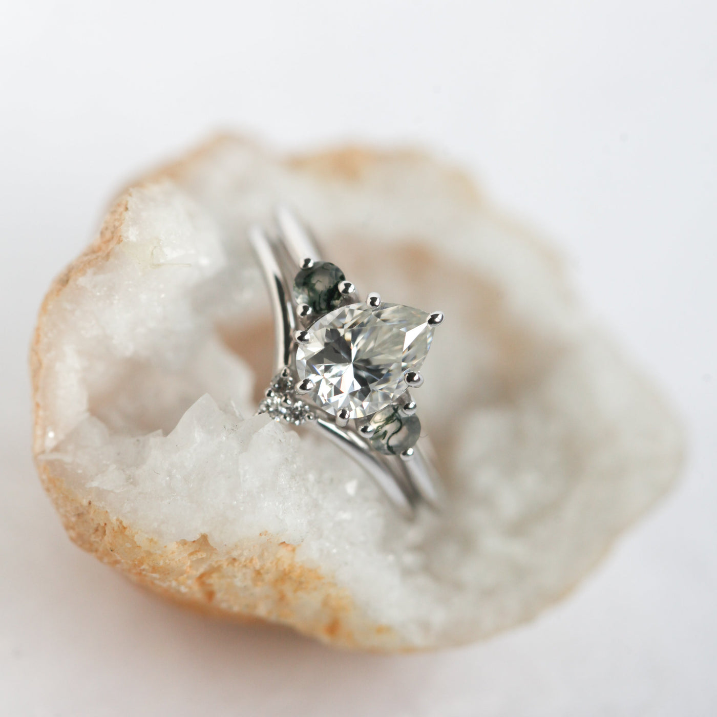 Misella Pear Moissanite Ring With Moss Agate - Ready To Ship-Capucinne