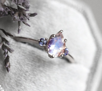 3-stone Pear Moonstone Ring with 2 Side Natural Tanzanite Gemstones