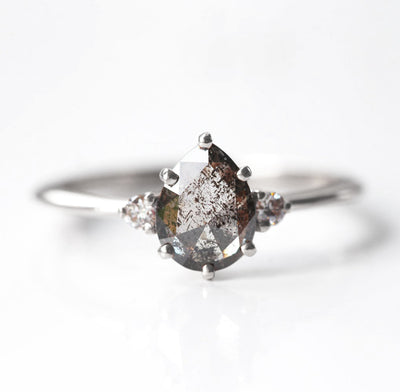 Pear Salt & Pepper Diamond, Platinum Wedding Ring Set with 2 Round White Diamonds