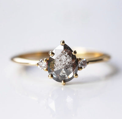 Pear Salt & Pepper Diamond, Yellow Gold Wedding Ring Set with 2 Round White Diamonds