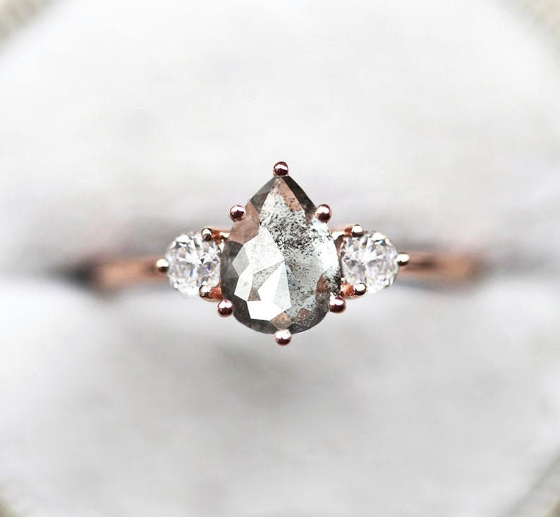 Pear Salt & Pepper Diamond Wedding Ring Set with 2 Round White Diamonds