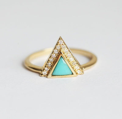Modern Triangle Cut Turquoise Halo Ring With Diamond Chevron