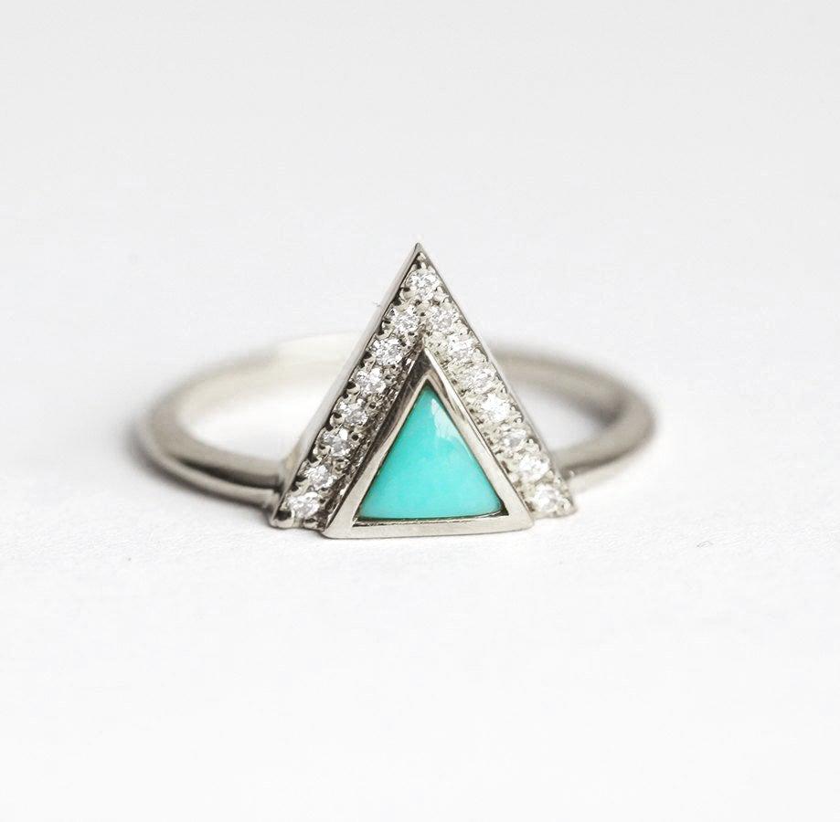 Modern Triangle Cut Turquoise Halo Ring With Diamond Chevron