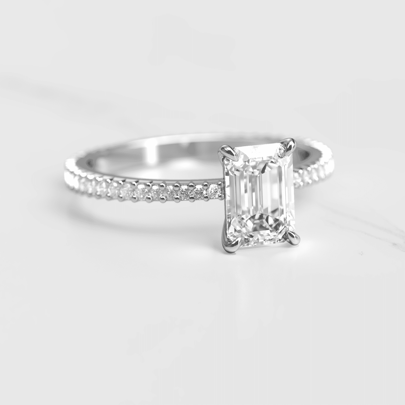 Emerald Cut Tapered White Diamond Full Pave Ring