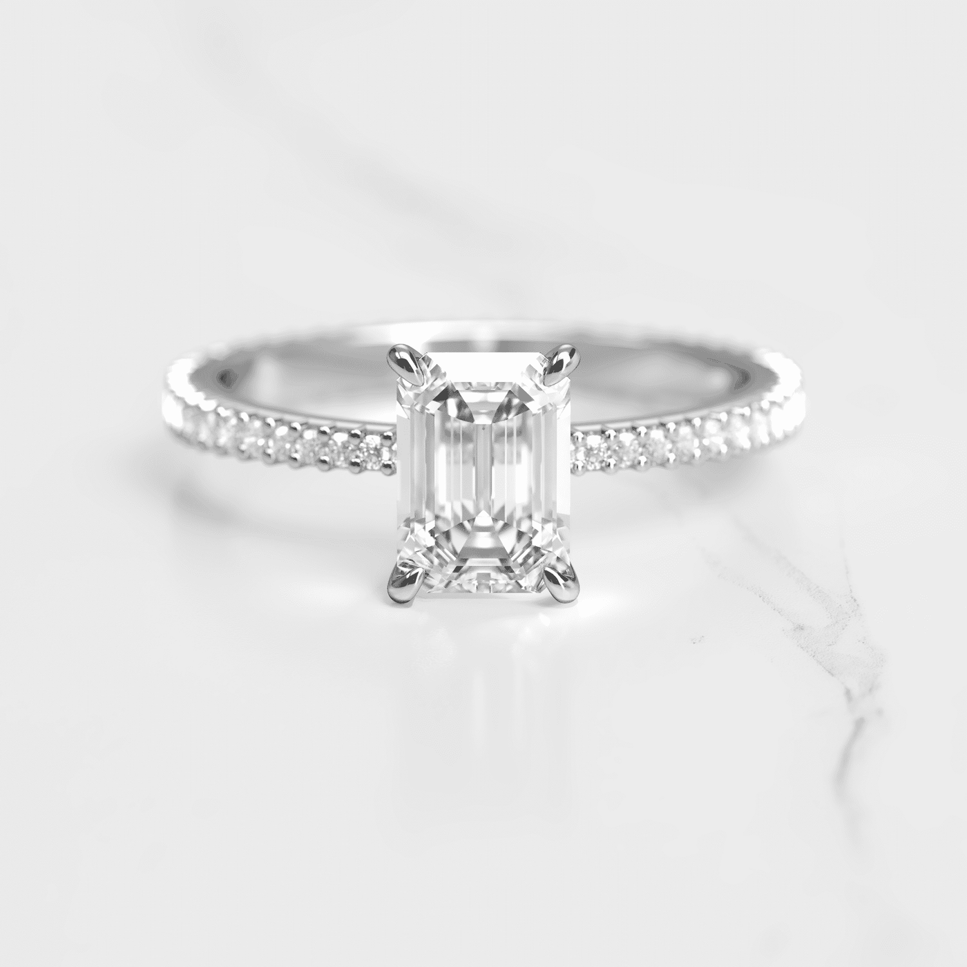 Emerald Cut Tapered White Diamond Full Pave Ring