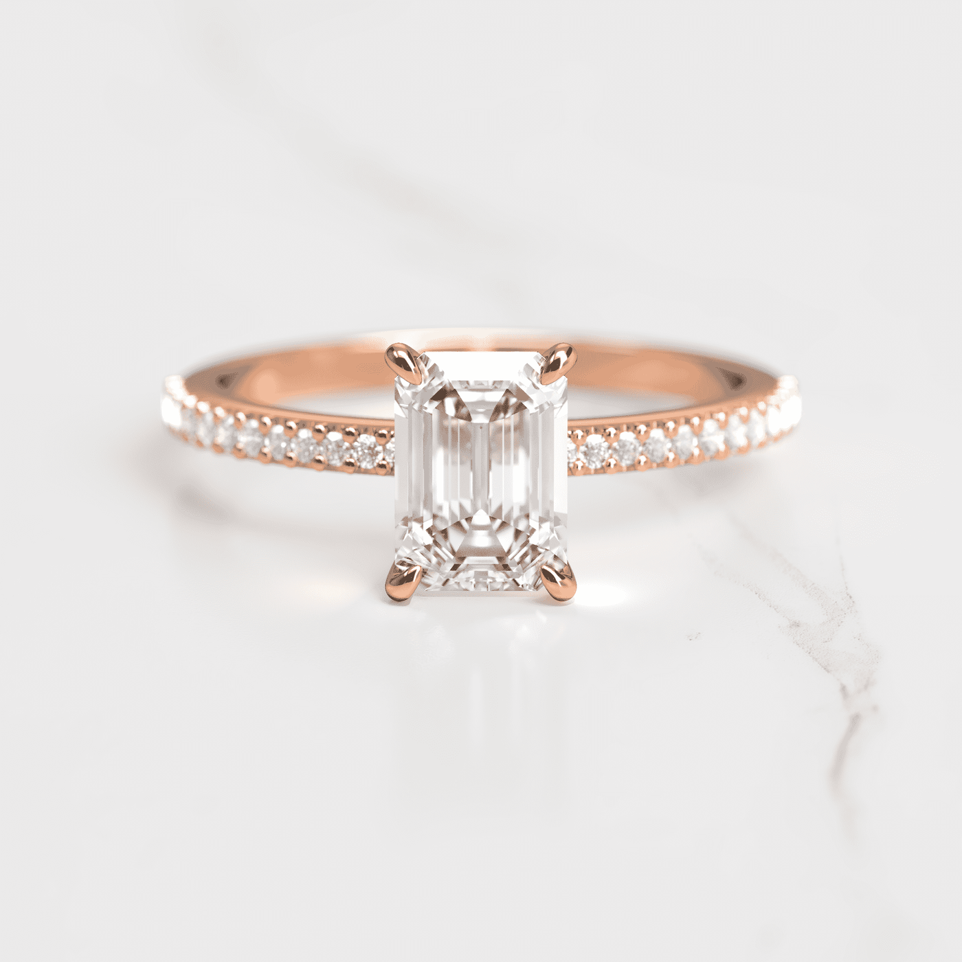 Emerald Cut White Diamond Half Pave Ring