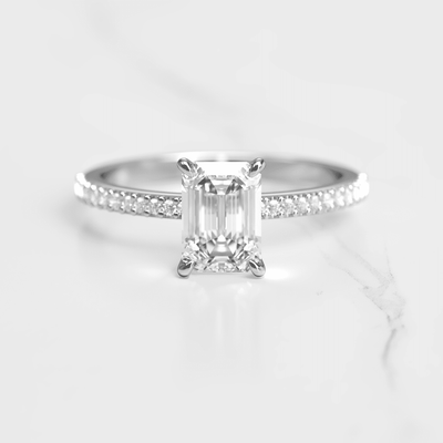 Emerald Cut White Diamond Half Pave Ring