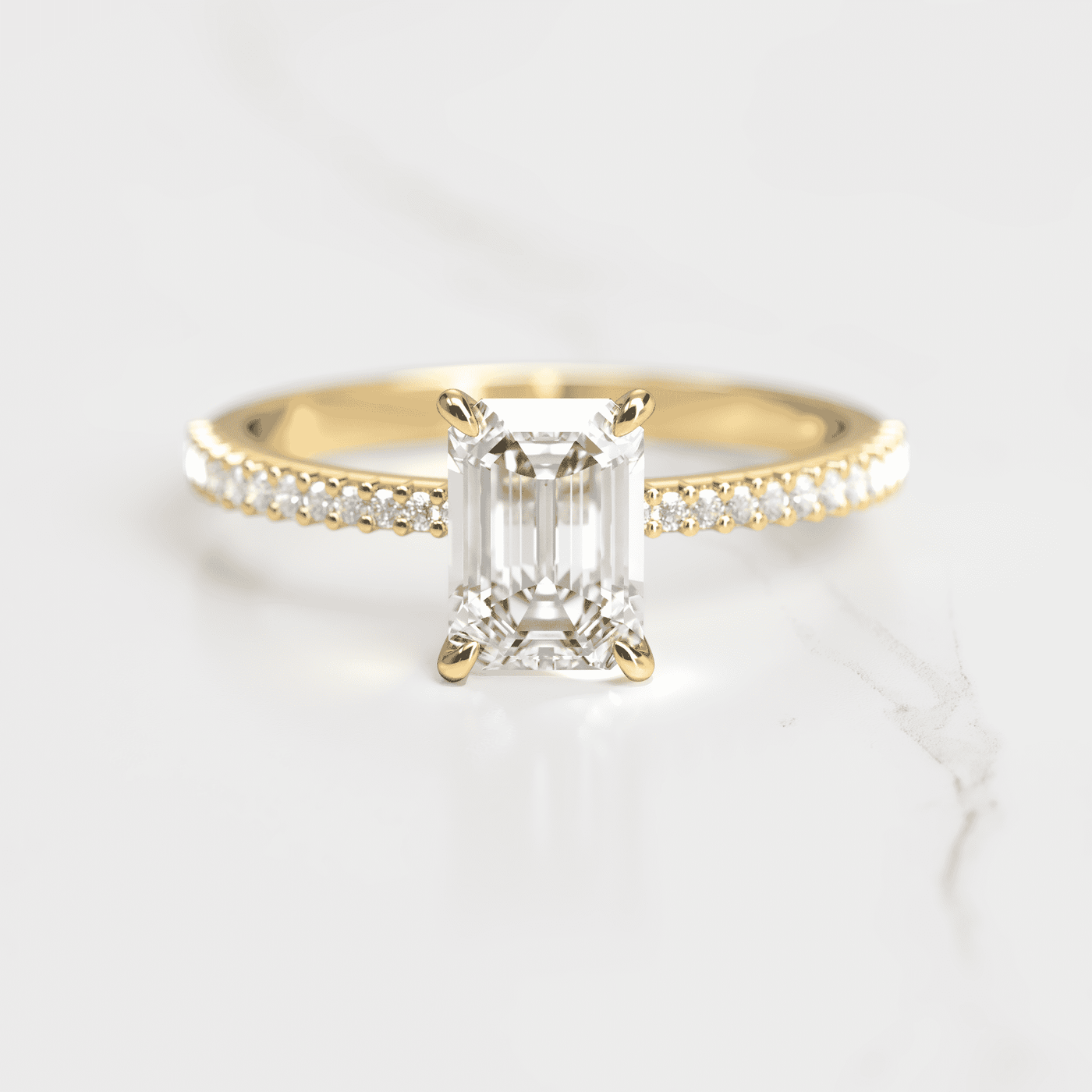 Emerald-Cut Tapered White Diamond Half Pave Ring