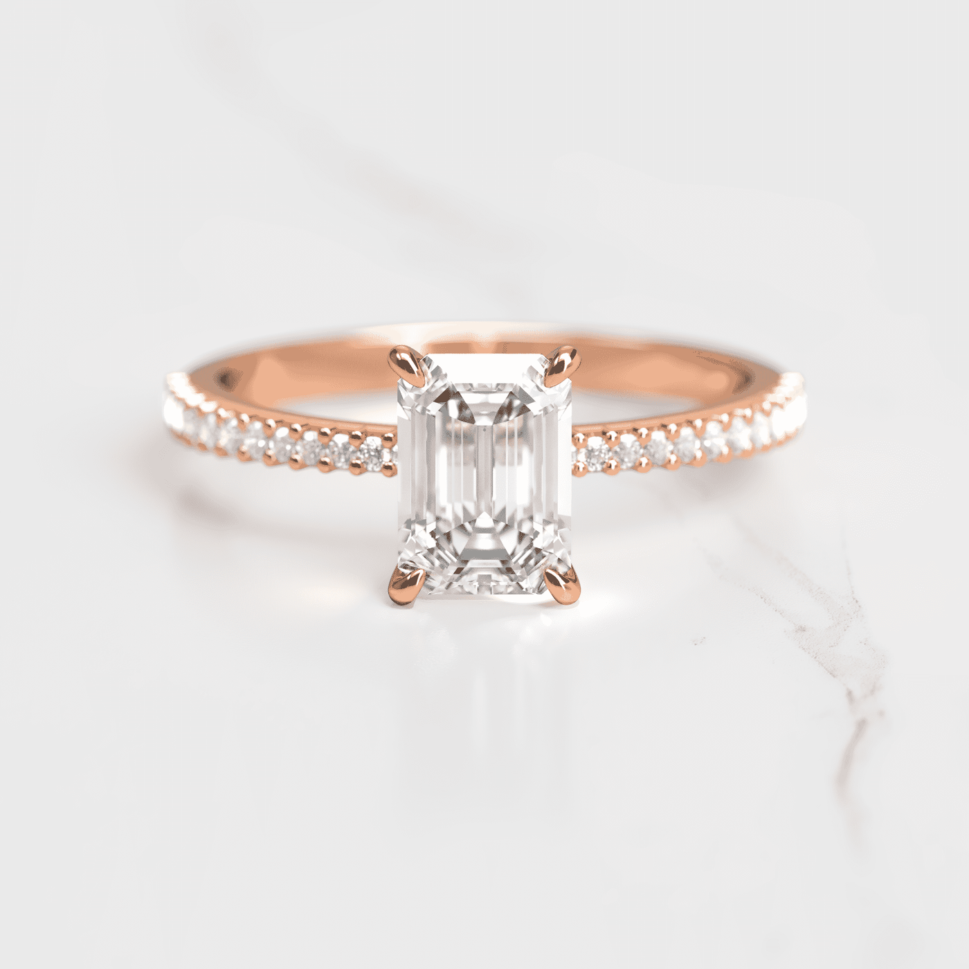 Emerald-Cut Tapered White Diamond Half Pave Ring