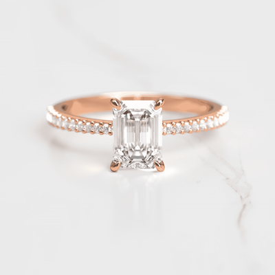 Emerald-Cut Tapered White Diamond Half Pave Ring