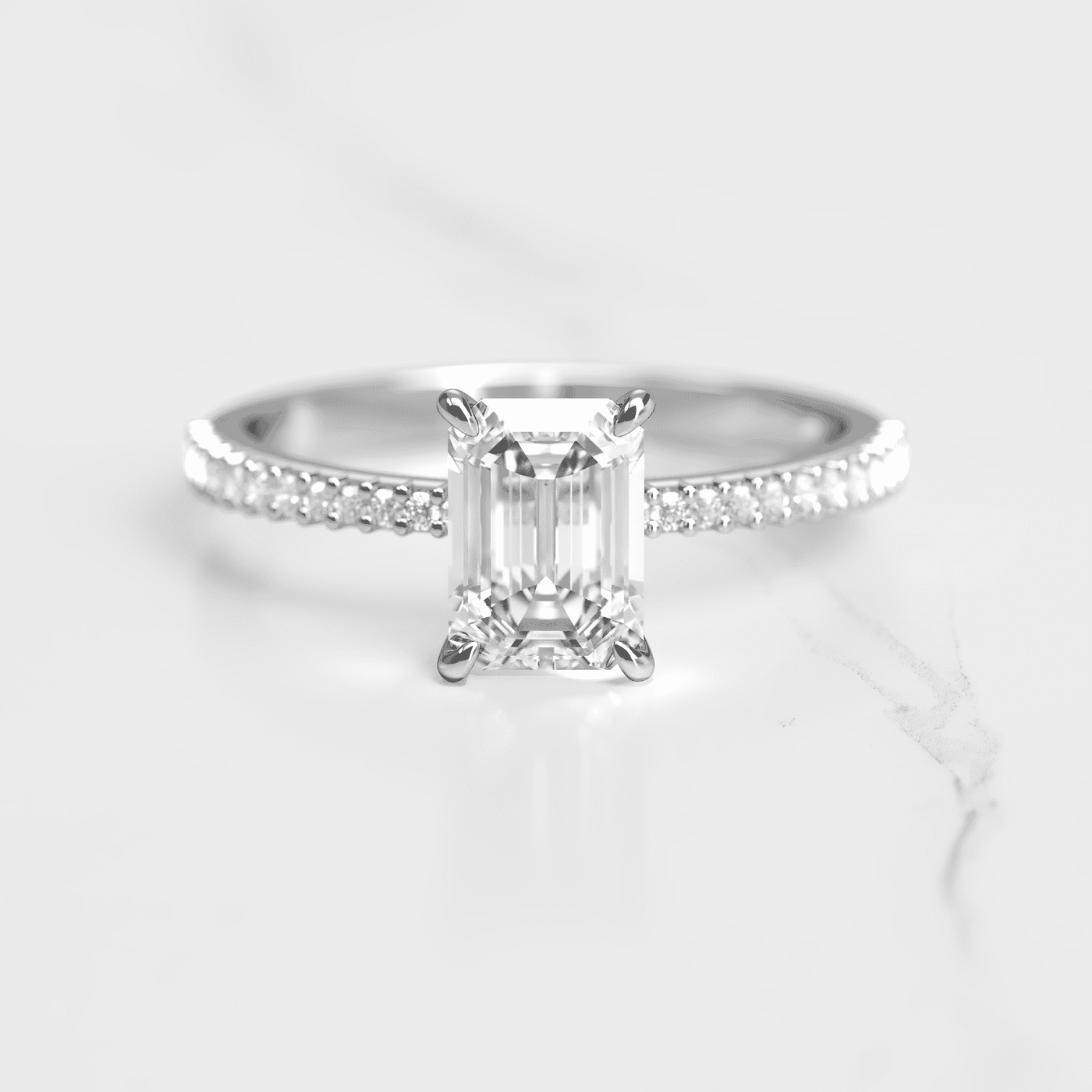 Emerald-Cut Tapered White Diamond Half Pave Ring