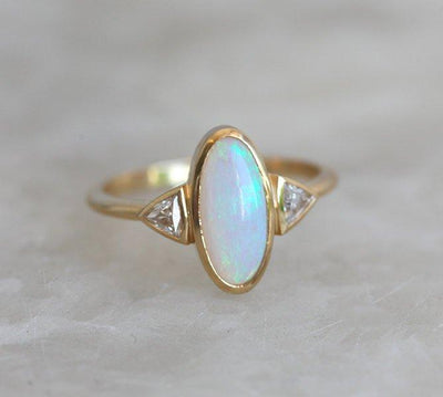 Three Stone Oval Opal Ring with 2 Accent Triangle-Cut White Diamonds