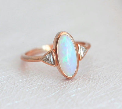 Three Stone Oval Opal Ring with 2 Accent Triangle-Cut White Diamonds