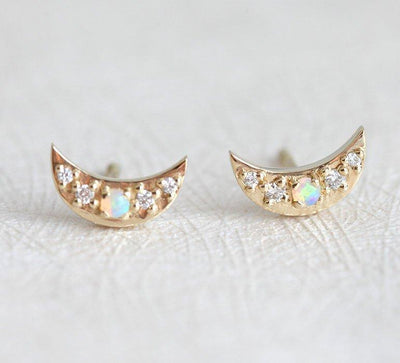 Crescent moon round white opal and diamond stud earrings